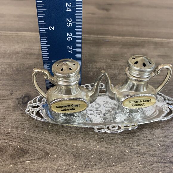 Vintage Salt & Pepper Shaker Metal Silver Coffee Tea Pot with Tray 1.5" - 3PCS - Picture 4 of 10